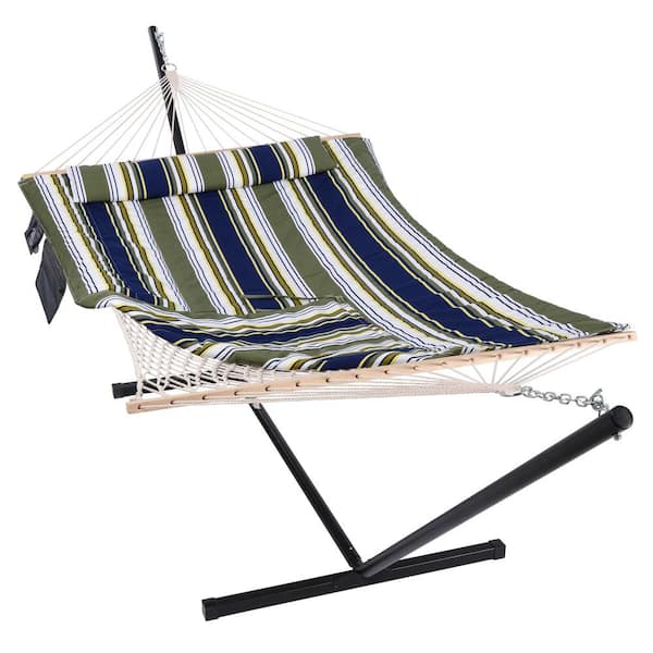 Atesun 12 ft. Quilted Free Standing 2-Person Hammock with Stand and Detachable Pillow in Multi