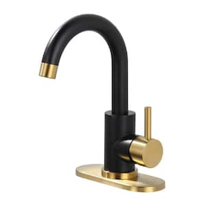 Single Hole Single Handle Stainless Steel Bar Faucet with Swivel Spout and Deckplate in Black and Gold