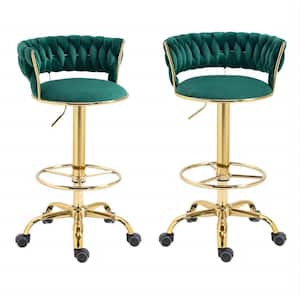 35.43 in Emerald Velvet Swivel Adjustable Metal Counter Bar Stools Chairs with Wheels Set of 2