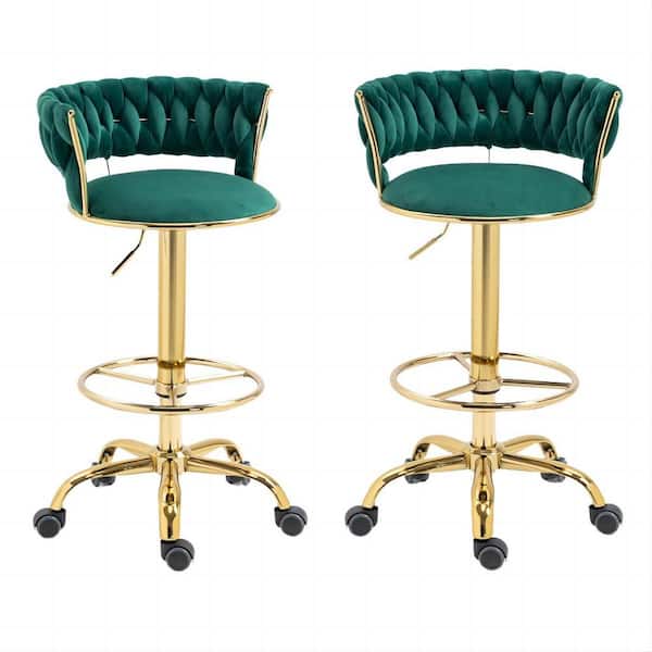 HOMEFUN 35.43 in Emerald Velvet Swivel Adjustable Metal Counter Bar Stools Chairs with Wheels Set of 2