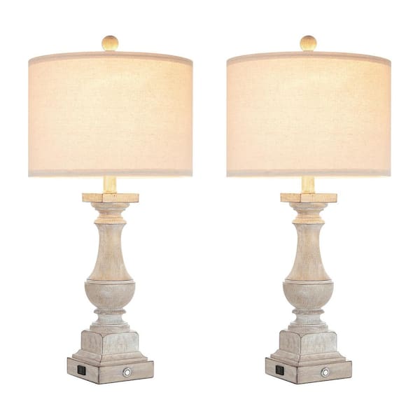 KAWOTI 25 in. Painted Brown Farmhouse Table Lamp Set and USB Ports, bulbs (Set of 2) 21242 The