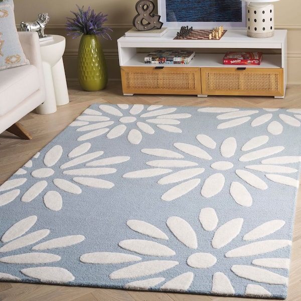 Kids 5 ft. x 7 ft. Light Blue/Ivory Solid Floral Area Rug