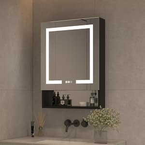 24 in. W x 32 in. H Rectangular Black Aluminum Recessed/Surface Mount Medicine Cabinet with Mirror LED and Open Shelf