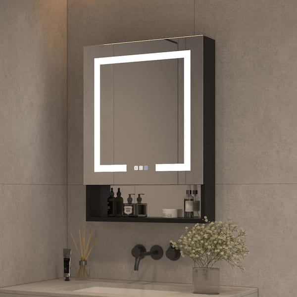 WELLFOR 24 in. W x 32 in. H Rectangular Black Aluminum Recessed/Surface Mount Medicine Cabinet with Mirror LED and Open Shelf