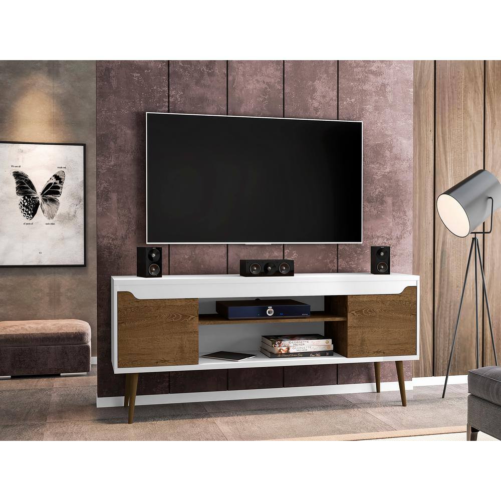 Bradley 63'' Glossy White and Rustic Brown Wood TV Stand with Cabinet