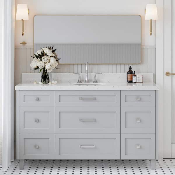ARIEL Monroe 60 in. W x 22 in. D x 36 in. H Single Oval Sink Bath Vanity in Grey with Carrara White Quartz Top