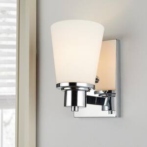 1-Light Chrome Bath Vanity Light with Bell Shaped Etched White Glass