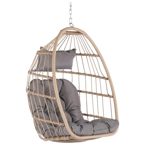 PARASOLAR 28.5 in. W 1-Person Brown Wicker Porch Swing with Light Gray Cushions and Foldable Function, Egg Swing Chair