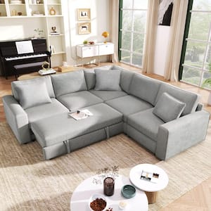 100 in. x 94.1 in. Modern L Shaped Polyester Sectional Sofa in Gray with 3 Pillows, Convertible Pull-out Sofa Bed