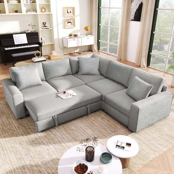 Harper & Bright Designs 100 in. x 94.1 in. Modern L Shaped Polyester Sectional Sofa in Gray with 3 Pillows, Convertible Pull-out Sofa Bed