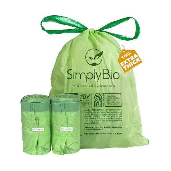 Simply Bio 3 Gal. Compostable Trash Bags, Drawstring Heavy-Duty 1 Mil ...