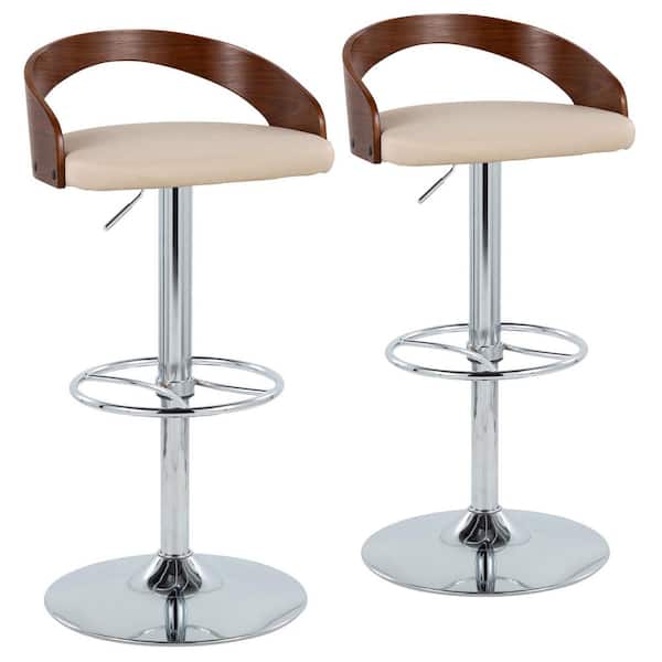 Lumisource Grotto 32.25 in. Cream Faux Leather, Walnut Wood, and Chrome Metal Adjustable Bar Stool with Wheel Footrest (Set of 2)