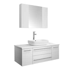 Lucera 42 in. W Wall Hung Vanity in White with Quartz Stone Vanity Top in White with White Basin and Medicine Cabinet