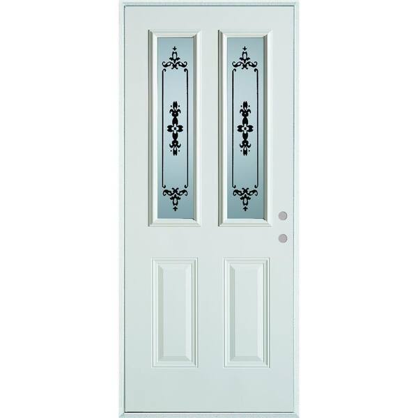 Stanley Doors 36 in. x 80 in. Silkscreened Glass 2 Lite 2-Panel Painted White Left-Hand Inswing Steel Prehung Front Door