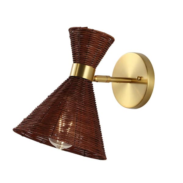 JONATHAN Y Zoey 10 in. 1-Light Dark Brown/Brass Gold Wall Sconce Mid-Century Vintage Retro Rattan/Metal LED with Adjustable Shade