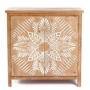 Floral Storage Natural Wood White Accent Cabinet