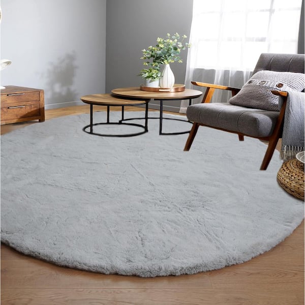 Mmlior Light Gray 8 ft. x 8 ft. Soft Faux Rabbit Fur Round Area Rug