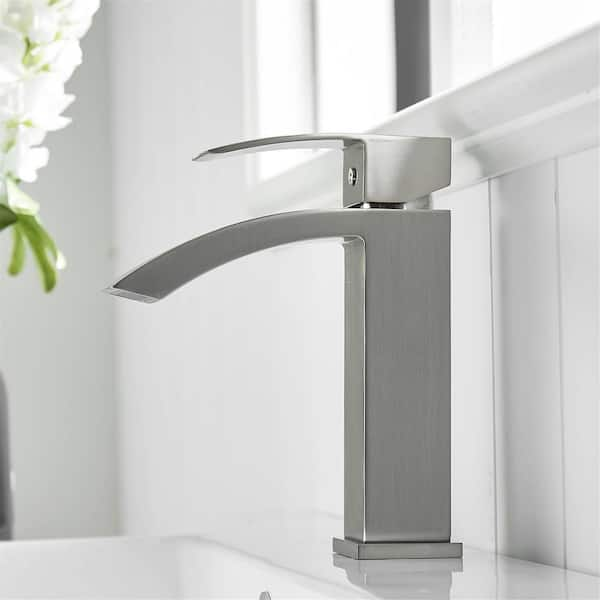 FLG Single-Handle Single-Hole Waterfall Bathroom Faucet Deck Mounted Bathroom Sink Faucet in Brushed Nickel