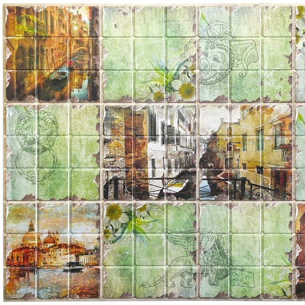 Dundee Deco 3D Falkirk Retro 10/1000 in. x 38 in. x 19 in. Green Multicolor Faux Distressed Venice Sights PVC Wall Panel