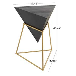 17 in. Black Inverted Pyramid Geometric Large Triangle Wood End Table with Gold Metal Stand