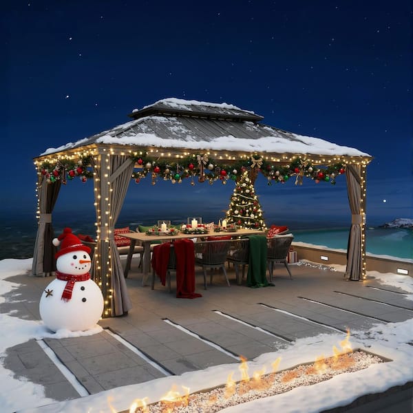 12 ft. x 16 ft. Luxury Patio Outdoor Gazebo for Backyard Hardtop Aluminum Frame with Netting, Hooks, Upgrade Curtain