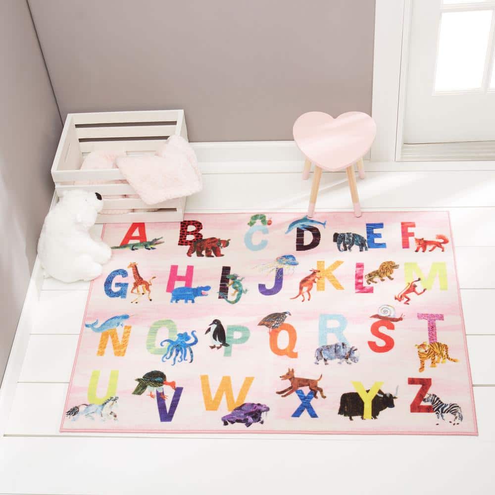 Pink Alphabet Zoo Synthetic Rectangular Kids Area Rug 4' x 6'