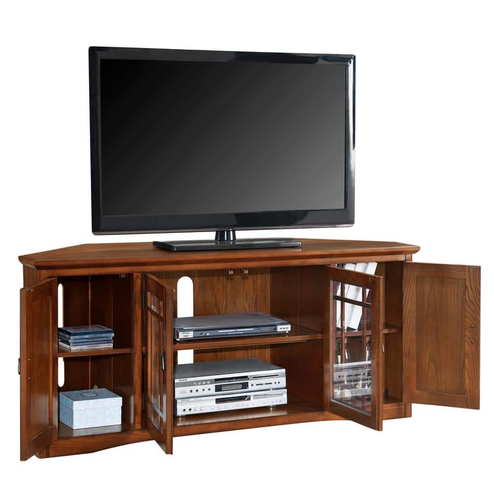 Mission Oak Adjustable Corner TV Stand with Glass Doors, 56"