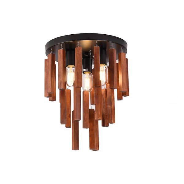 OUKANING 12.6 in. 3-Light Retro Black Round Flush Mount Ceiling Light with Wood Shade for Farmhouse Kitchen Entryway