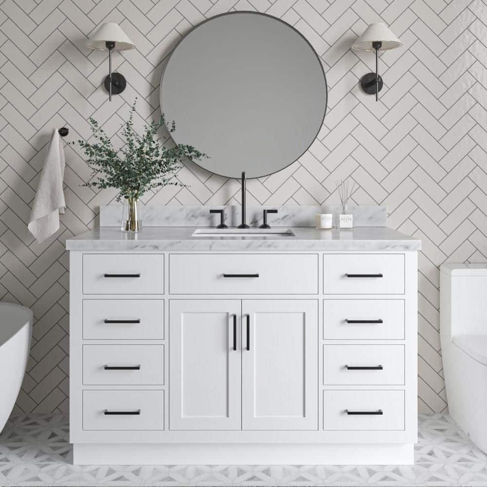 Hepburn 54 in. Single Sink Freestanding Bathroom Vanity in White with Carrara White Marble Top price history on PriceWatchPro