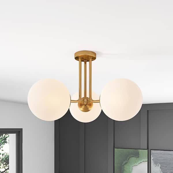aiwen Modern 23.62 in. 3-Light Brass Gold Semi-Flush Mount