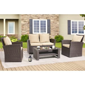 4-Piece Rattan Wicker Patio Conversation Set with Sand Cushions and Coffee Table