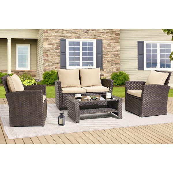 Sonkuki 4-Piece Rattan Wicker Patio Conversation Set with Sand Cushions and Coffee Table