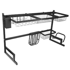 2-Tier Black Stainless Steel Over the Sink Dish Rack, Tableware Organizer with Utensils, Cutlery & Cutting Board Holder