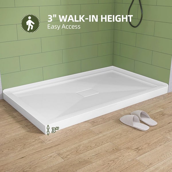 Moca 60 in. L x 36 in. W Corner Double Threshold Acrylic Shower Pan Base with Center Drain Cover Shower Tray in White