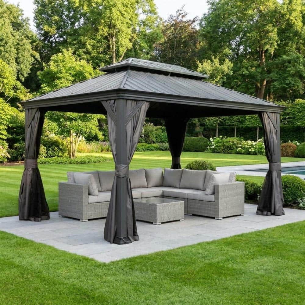 10x14 FT Hardtop Gazebo,Drainage System, Dual-Layer Galvanized Steel Roof, Curtains and Netting, Grey price history on PriceWatchPro