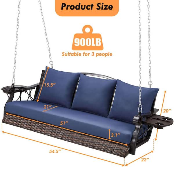 3-Person Brown Wicker and Metal Porch Swing with Blue Cushions