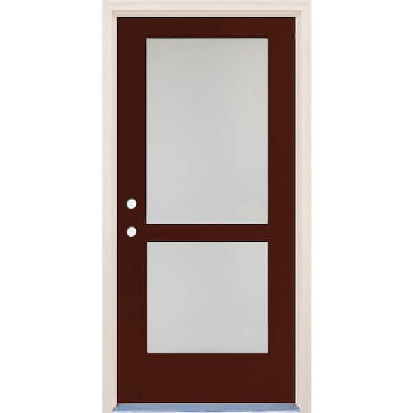 Builders Choice 36 in. x 80 in. Right-Hand/Inswing 2 Lite Satin Etch Glass Chestnut Fiberglass Prehung Front Door w/4-9/16" Frame