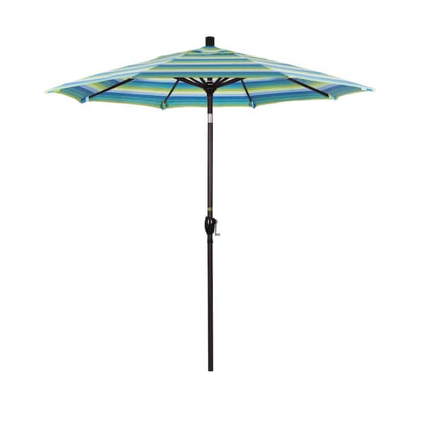 California Umbrella 7.5 ft. Bronze Aluminum Pole Market Aluminum Ribs Push Tilt Crank Lift Patio Umbrella in Seville Seaside Sunbrella