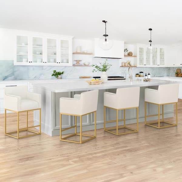 LUE BONA Luna 26 in. Beige Fabric Upholstered Counter Bar Stool with Golden Metal Frame Square Counter Stool Set of 4