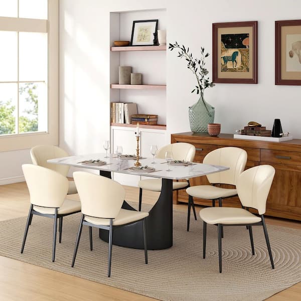 Beige Microfiber Leather Dining Chair (Set of 6), Upholstered Side Chairs with Metal Legs for Dining Room