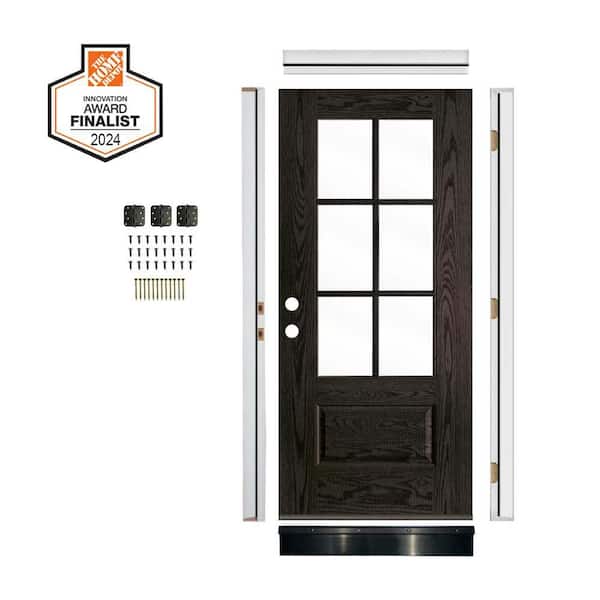 DIY 36 in. x 79 in. Clear Glass Right-Hand Black BG Stain Woodlook Fiberglass Front Door Kit w/ Quick Assemble Jamb
