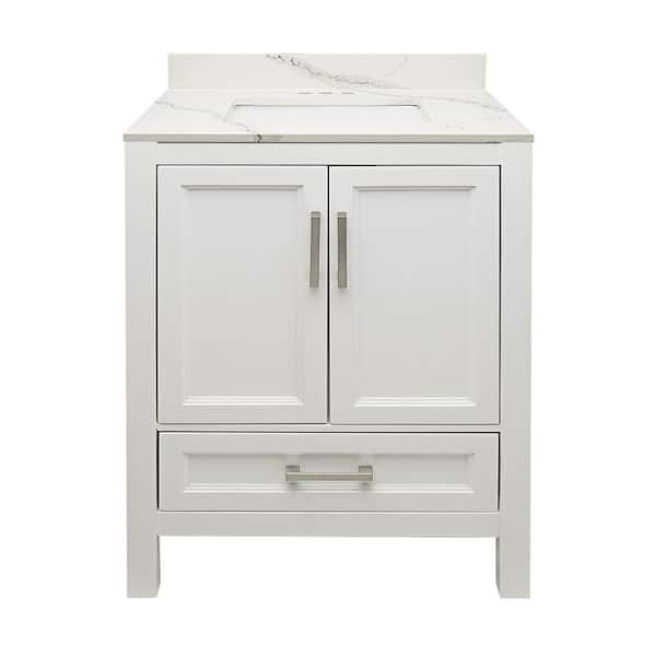 Ella Nevado 25 in. W x 19 in. D x 36 in. H Bathroom Vanity in White with Quartz Stone Vanity Top Sink in Calacatta White
