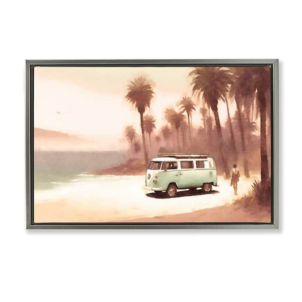 Peaceful Beach Travel Van by Noah Bay Gray Floater Frame Coastal Graphic Art Print 17 in. x 25 in.