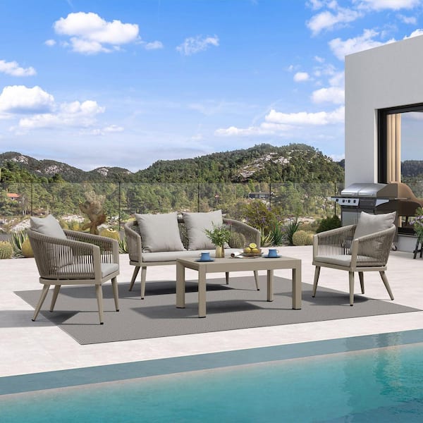 4-Piece Aluminum All-Weather Wicker Patio Conversation Set with Thick Sofa Cushions, Champagne