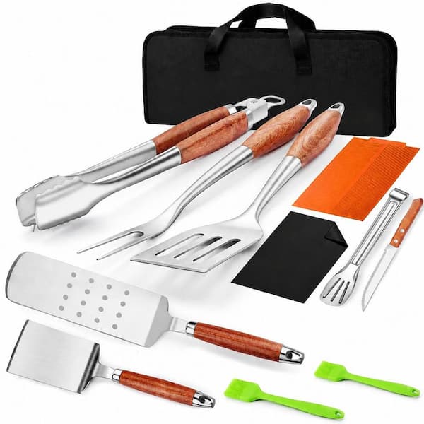 16 in. Stainless Steel Grilling Tools Set with Rosewood Handles, BBQ Accessories for Outdoor Grill, Spatula Fork Tongs