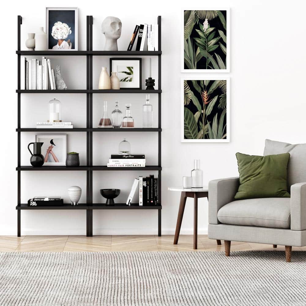 Matte Black Wood 73" Industrial Ladder Bookcase