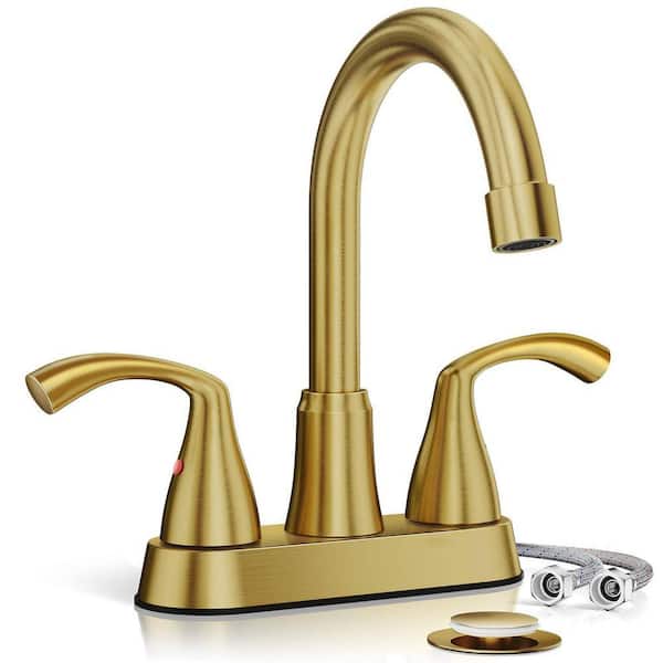 2-Handles Brushed Gold 4 in. Centerset 2 or 3 Holes Bathroom Sink Faucet, Modern Vanity Faucet with 360 Swivel Spout