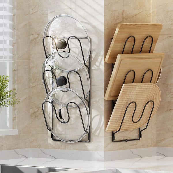 6-Tier Wall Mounted Pot Lid Organizer Holder Pot Rack for Cabinet Door Kitchen Storage, Black (2-Pack)