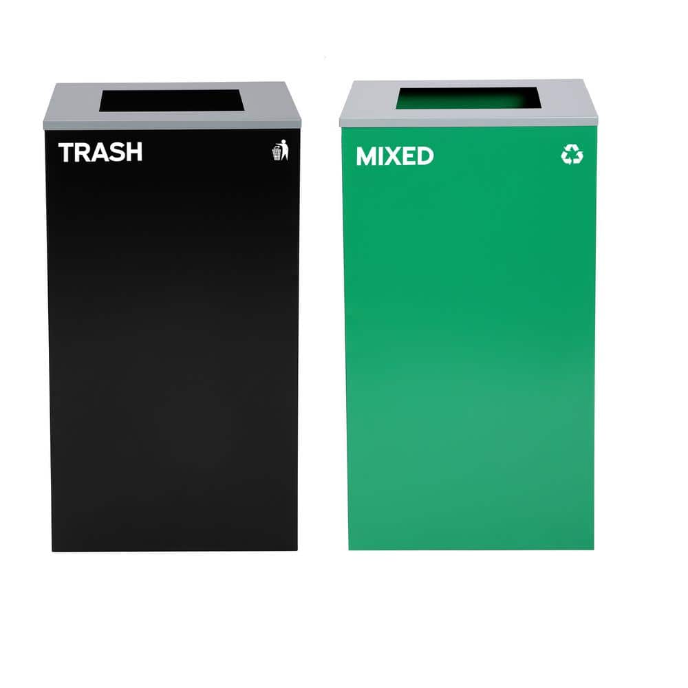 58 Gal. 2-Stream Black Steel Square Open Top Trash Can and Green Recycling 