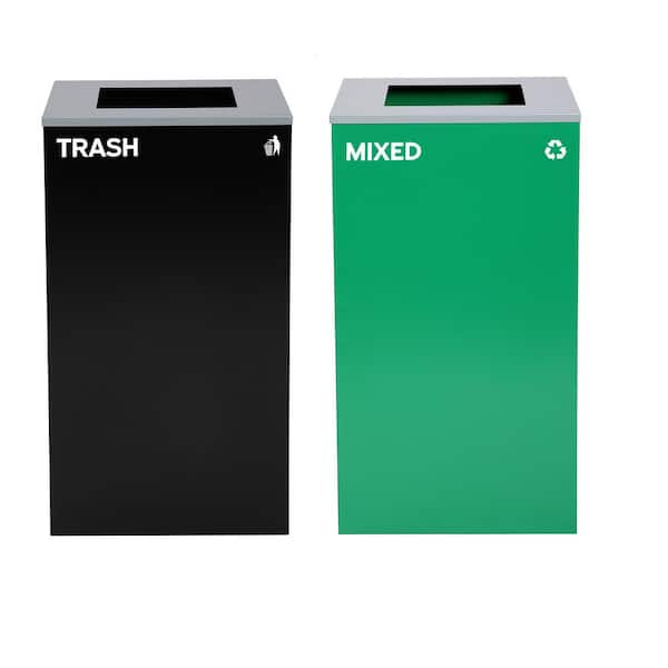 Alpine Industries 58 Gal. 2-Stream Black Steel Square Open Top Trash Can and Green Recycling Station